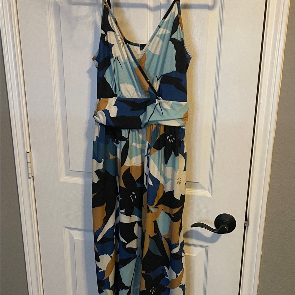 Blue and Tan Tropical Floral Faux Wrap Sundress — Size Large
